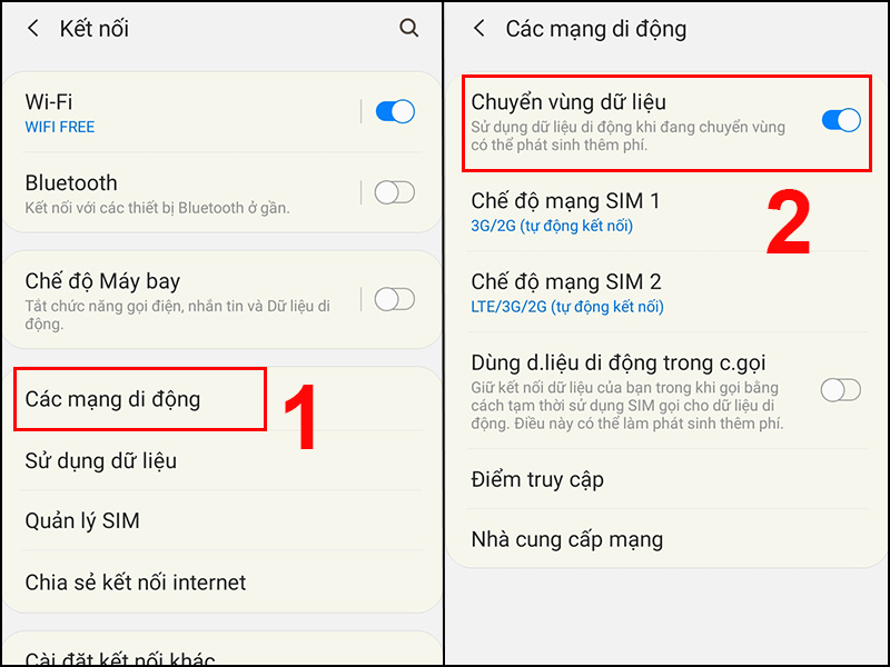 Bật Chuyển vùng dữ liệu